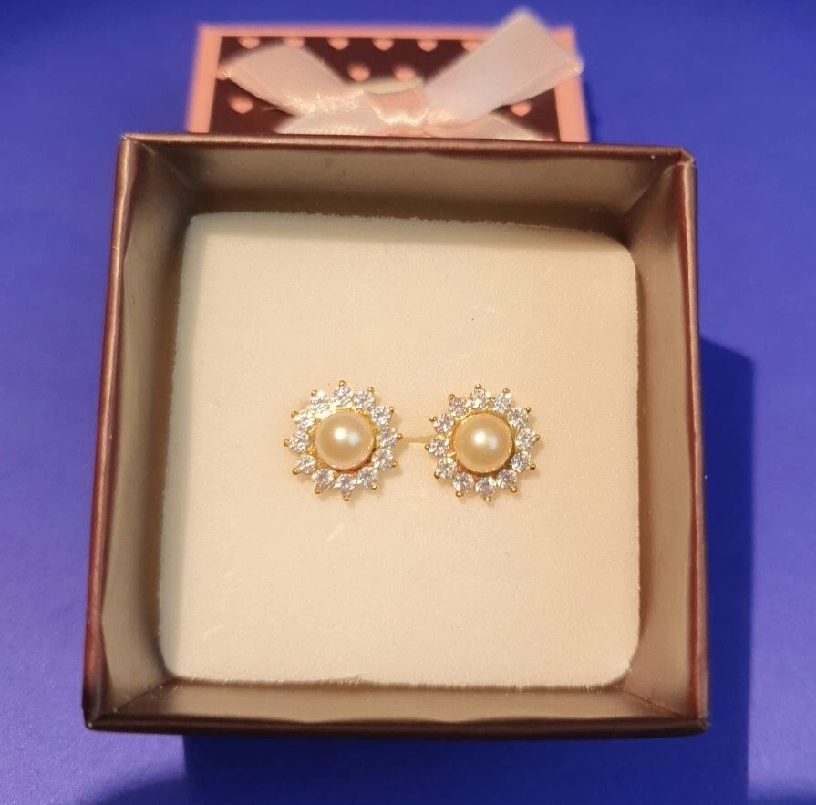 375 Gelb Gold Ohrstecker Daisy Blume Perle Funkelnde Zirkonia Entourage - Bild 3 von 4