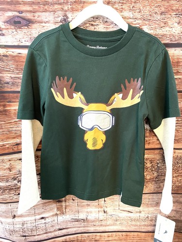 Tommy Bahama Boys TShirt Long Sleeve Moose Dark Green Waffle Sleeves Size XS NWT