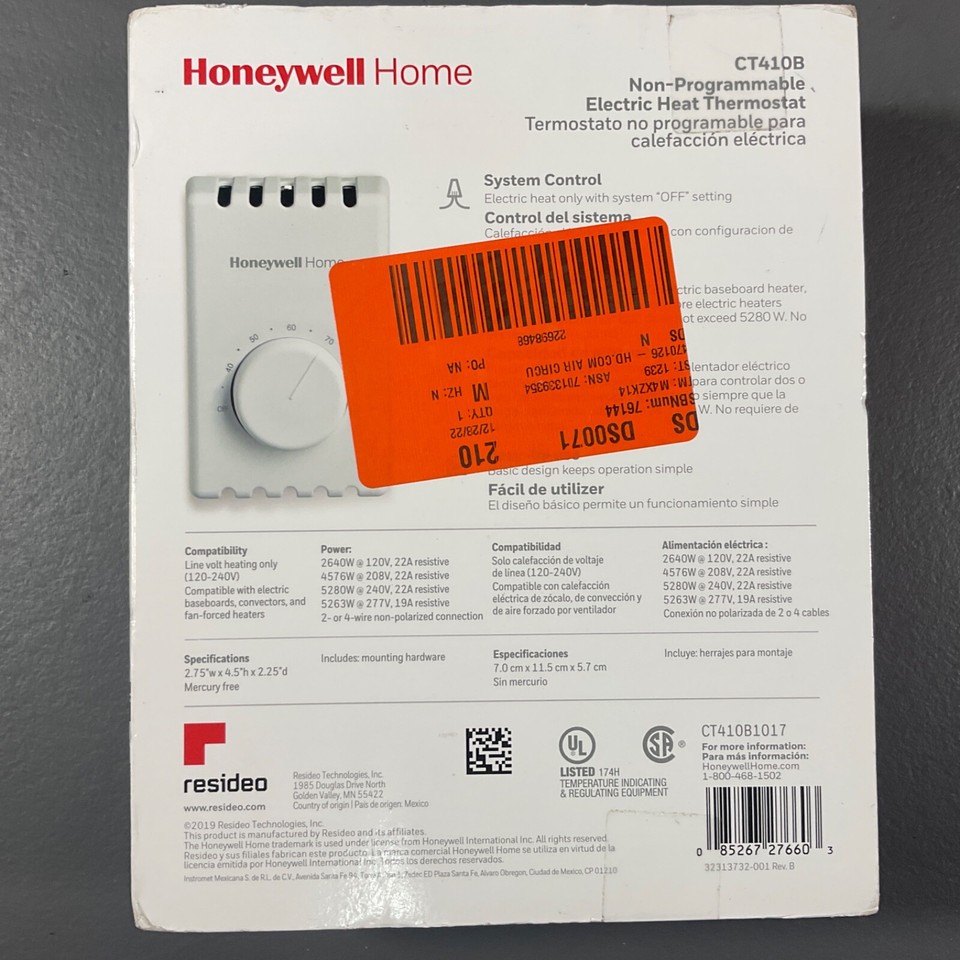 Honeywell Home CT410B NonProgrammable Electric Heat Thermostat 4 Wire
