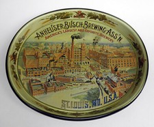 Vintage Anheuser Busch Advertising Beer Tray Oval Clydesdale Horses & Buildings