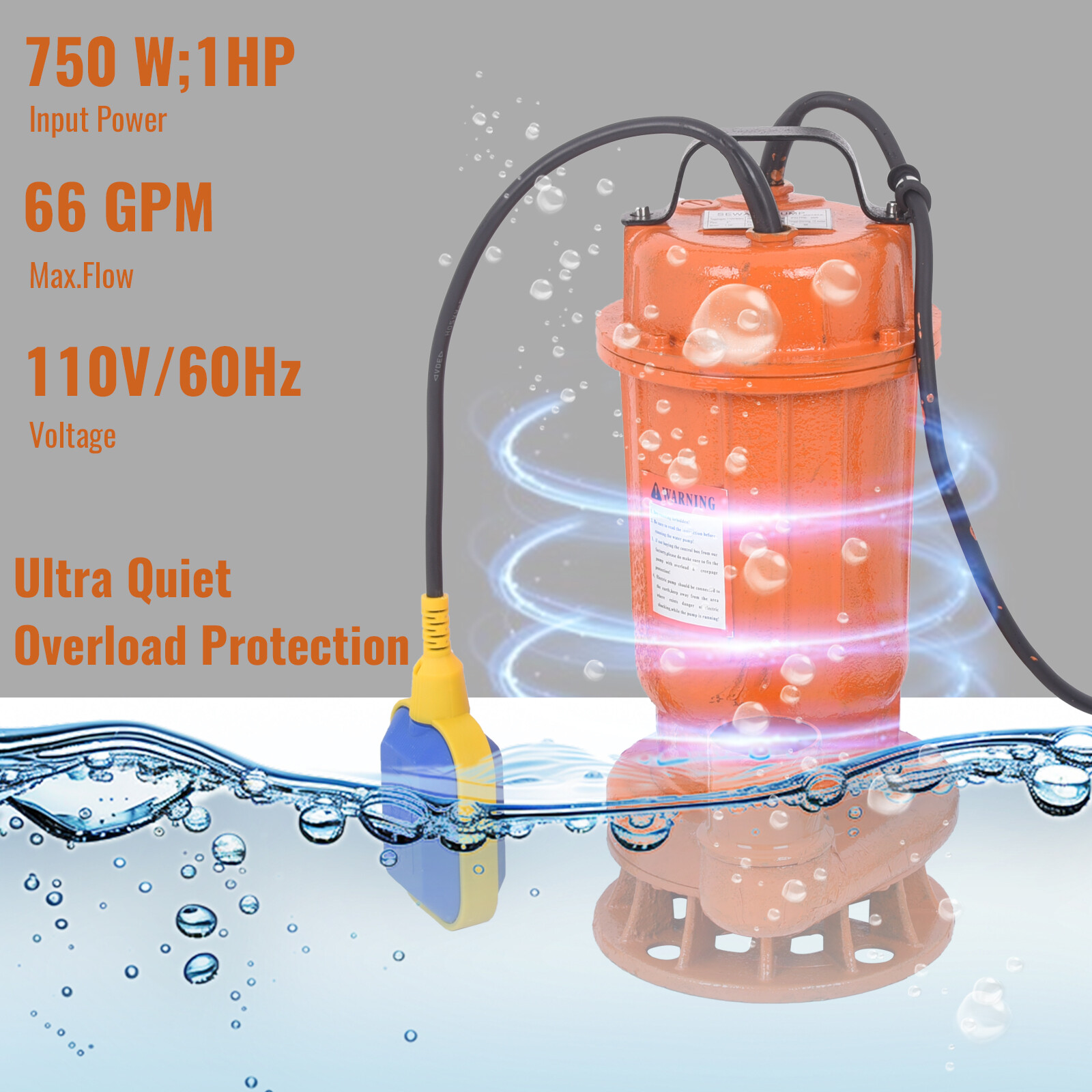Submersible Sump Pump 1HP 750W Cast Iron Sewage Pump 66GPM w/66ft Electric Cord
