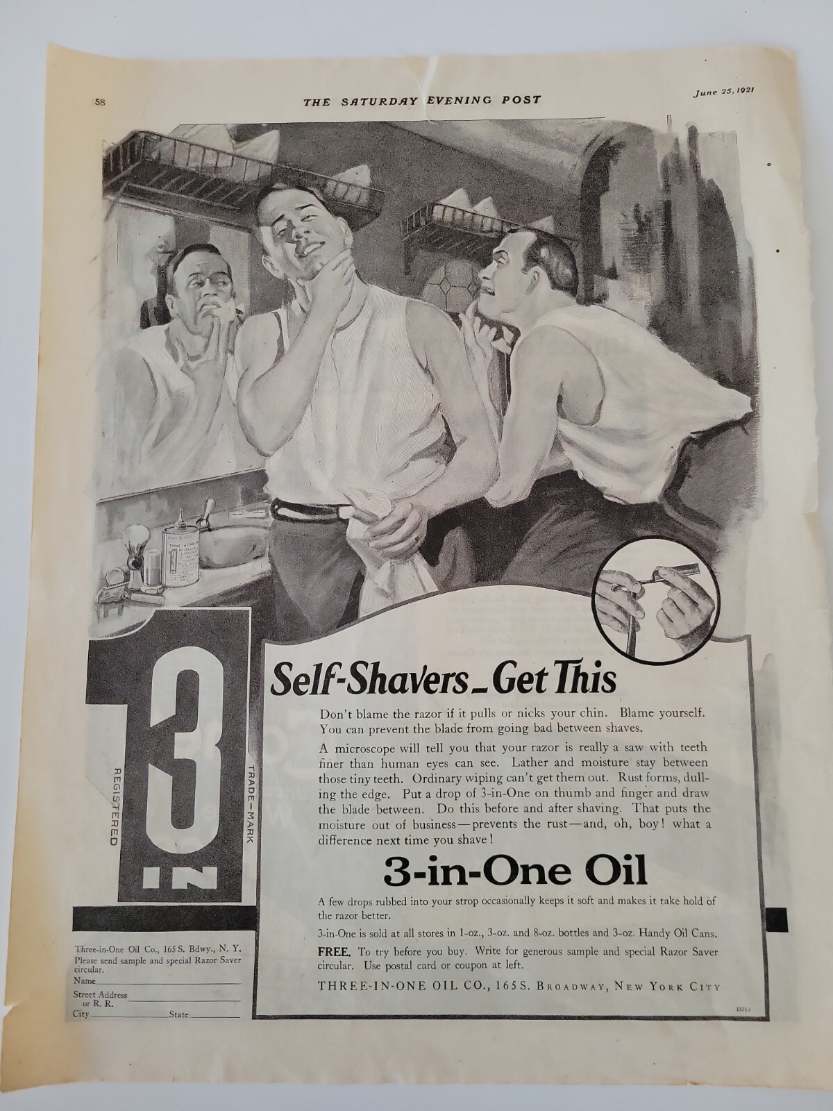 1921 3-in-One Oil self shavers men shaving vintage ad