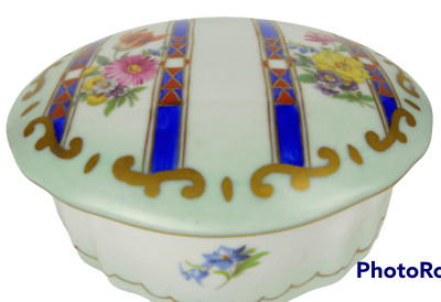 Vintage Elios H&F Hand-Painted Porcelain Floral Jewelry/Trinket Box Blue w/Lid 