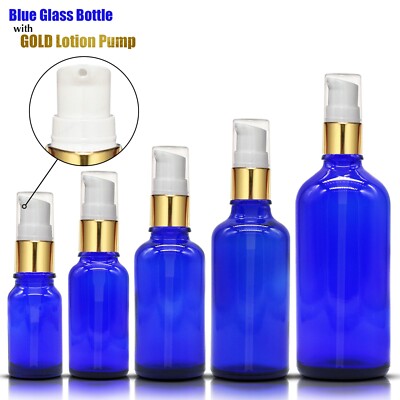 BLAUE GLASFLASCHE mit GOLD ALUMINIUM LOTIONSPUMPE für Seren Cremes Desinfektionsmittel