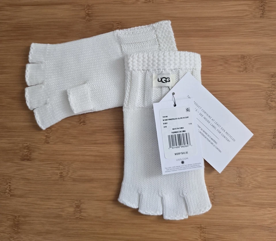 NWT UGG WOMEN'S KNIT FINGERLESS GLOVES IVORY LOGO TAB $45.00 - Image 2 of 4