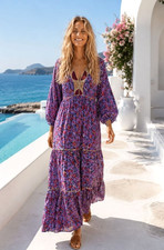 ZARA purple orange red FLORAL FFESTIVAL BOHO tiered CAMILLE Dress Size S Size 10