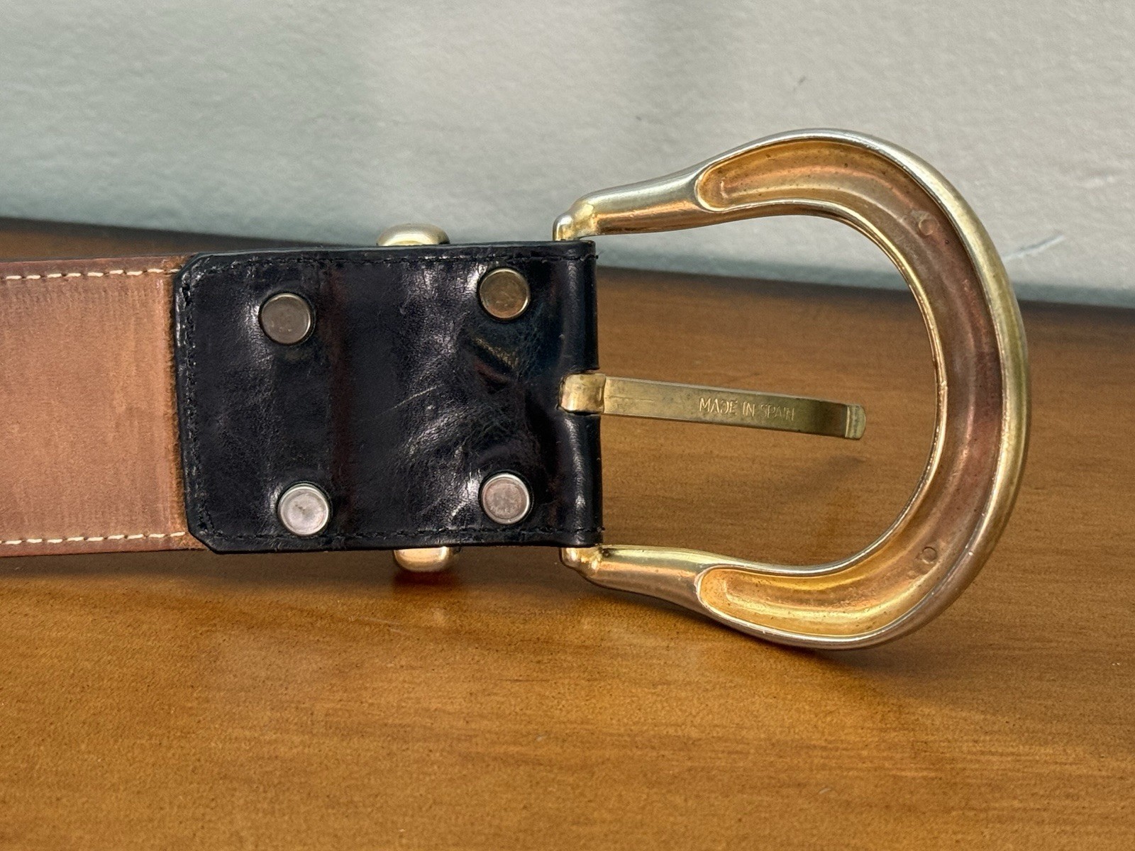 VTG Streets Ahead Gold Metal Mesh Chainmail Black Leather Belt Santa Monica CA