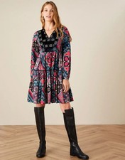 Monsoon Patch Print Velvet Trim Dress Red Size Large   RRP £70.00        v17