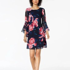 Nine West Womens Floral Bell Sleeve Chiffon Dress in Navy pink Multi Size 18