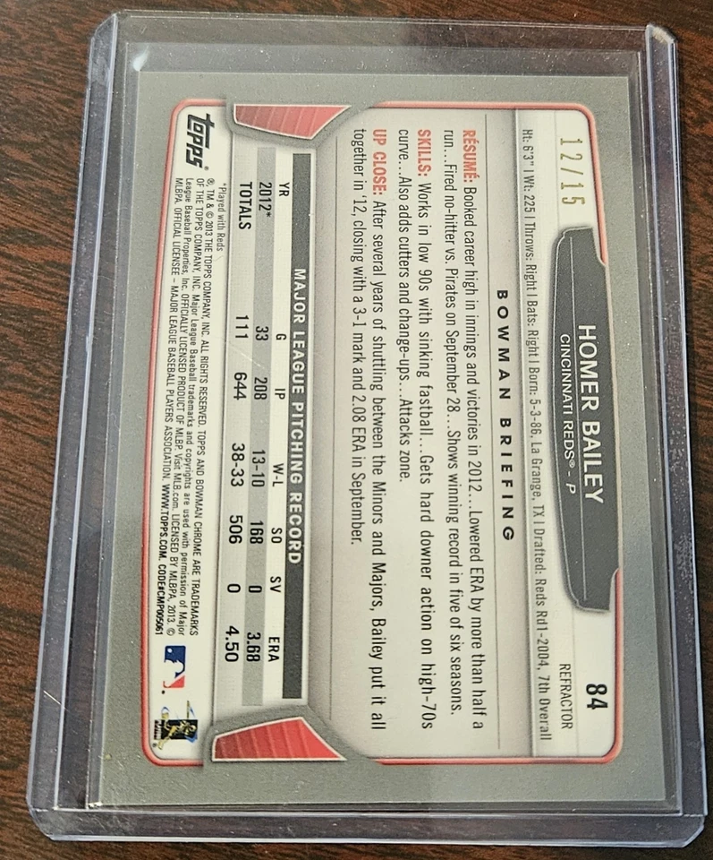 2013 Bowman Chrome Black Refractor /15 Homer Bailey #84 - Image 2 of 2