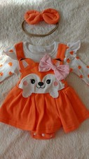 Baby Girls 2pc Fox Dress Set + Bow Headband Long Sleeve 0-3M Orange/White