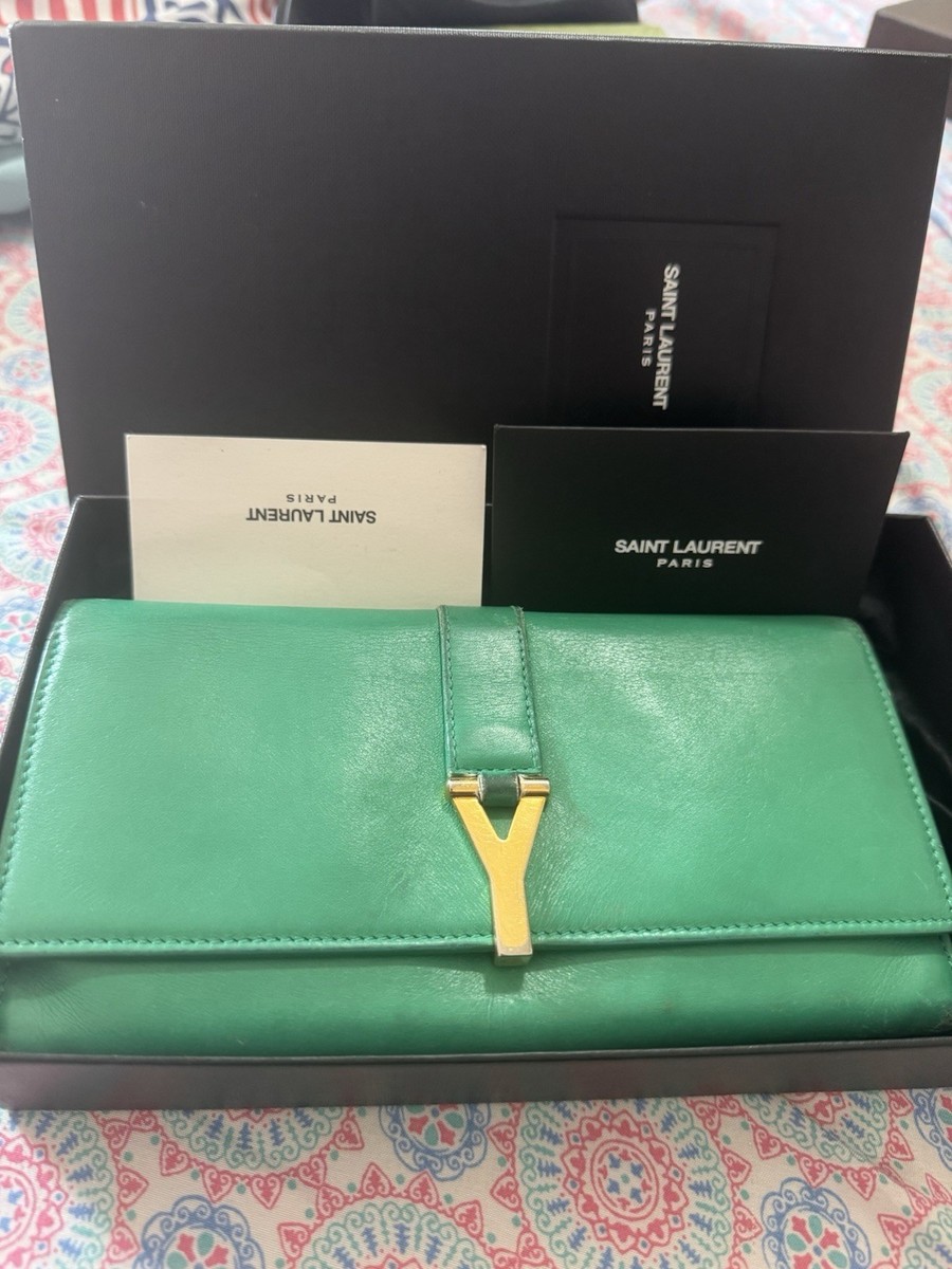 Authentic Saint Laurent YSL Green Leather Wallet w Gold Hardware