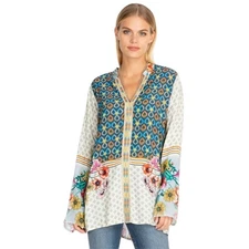 Johnny Was Top Womens Large Becca Embroidered Floral Geometric Tunic Boho Hippie
