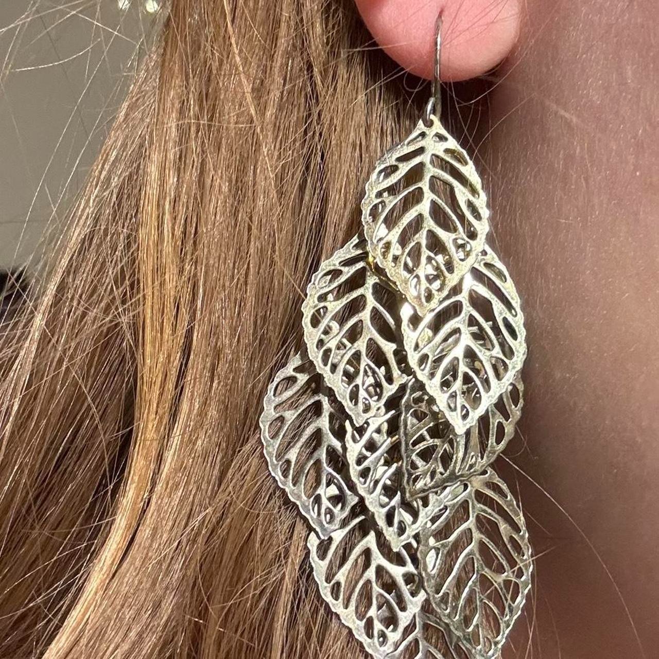 Silver-Tone Leaf Dangle Earrings – Multi-Layer Na… - image 1