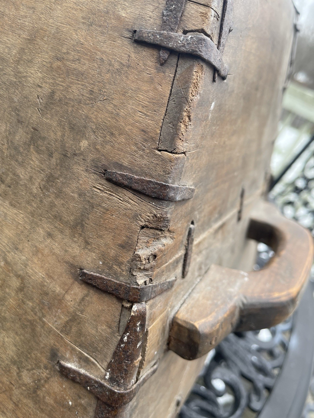 Antique Chinese Wooden Rice Bucket Pail Grain Carrier w/ Iron Bands Orig Writing