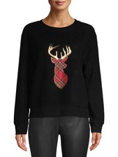 Juniors' Plush Fleece Black  Reindeer  Sweatshirt  Christmas time  Size