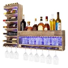 Wine Rack with LED Light Wall Mounted Wood,Alcohol Shelf with Bottle Stemware...
