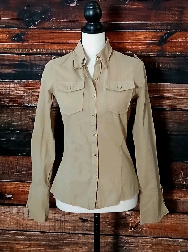 Love Stitch Top Size Small Khaki Tan Military Cotton Boho Blouse Shirt Bell Cuff - Image 3 of 4