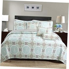 Green Mint Grey Modern Medallion Damask Reversible Quilt King Aqua Melody