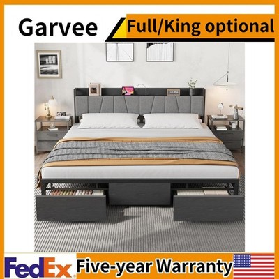 Full/King Size Bed Frame with Storage Headboard 2 Large Drawers and Charging NEW