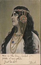 Art Nouveau Woman with long dark hair fancy headband Original Vintage Postcard