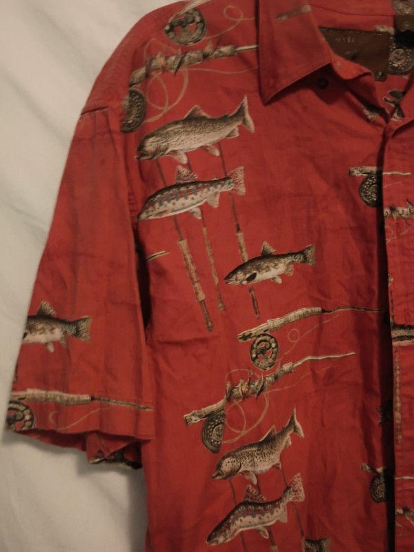 North River Men's Red Fish Graphic Print Short Sleeve Button-Up Cotton Shirt M