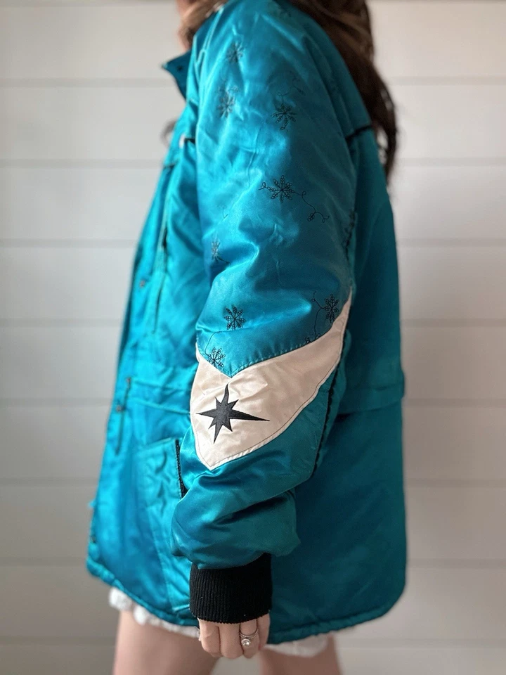 Chaqueta Polaris Vintage Años 80 Moto de Nieve Invierno Abrigo Mujer Verde Azulado Bordado Foto 3 de 4