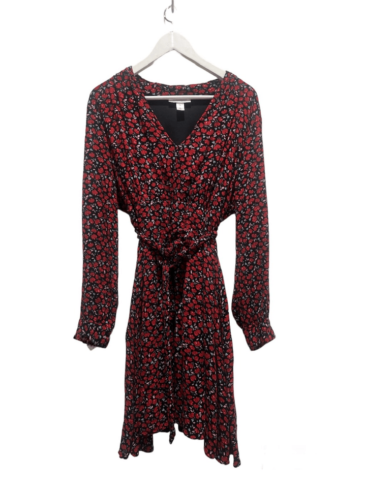 Motherhood Black Red Floral V Neck Long Sleeve Tie Back Maternity Midi