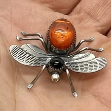 Navajo Onyx Amber Bumble Bee Bug Pin by Juan Begay Jr Sterling Silver Patined