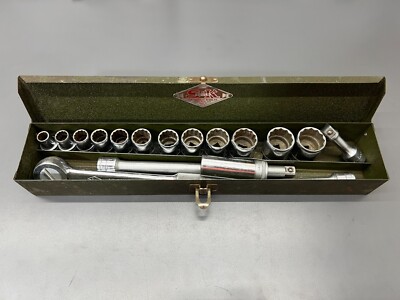 VINTAGE SK S-K TOOLS 17PC 1/2'' DRIVE SOCKET RATCHET SET W METAL CASE - VGC - USA