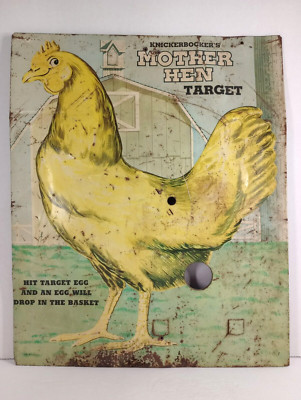 Vintage KNICKERBOCKER'S MOTHER HEN TARGET TIN FARM GAME SIGN  - 16.75'' x 13.75''