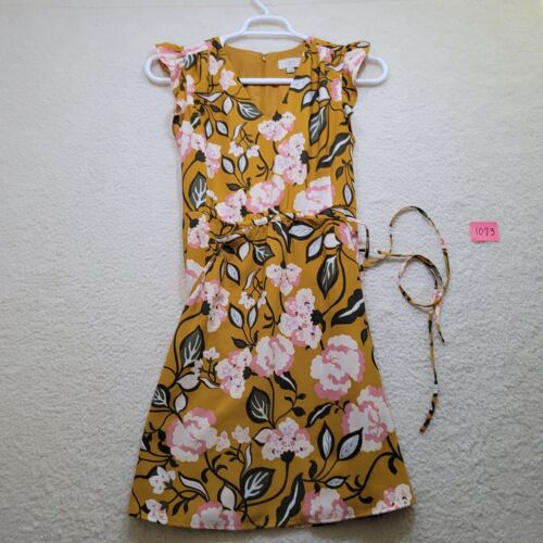 LOFT Dress Women's S A Line Mustard Floral Flutter Sleeve Belted Zip Up Lined - Afbeelding 1 van 12