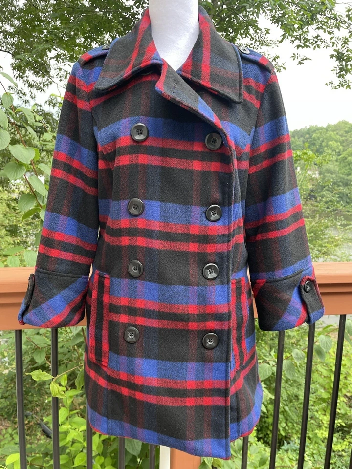 XXI Pea Coat Red Blue Wool Plaid Belted Double Breasted Winter Warm Womens Large - Image 4 of 4
