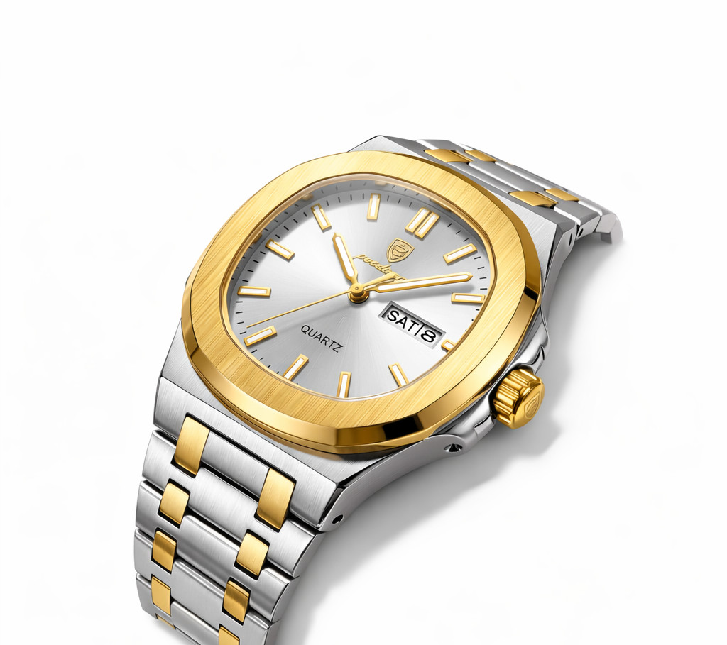 Montre homme luxe en acier argenté avec cadran blanc lumineux d'exception