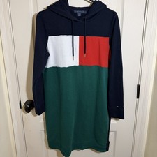 Tommy Hilfiger Women's Colorblock Hooded Sweatshirt Dress Med Logo Casual 