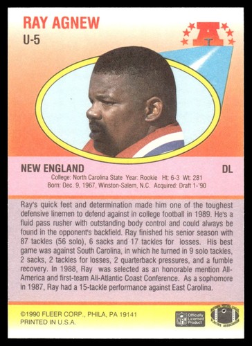 1990 Fleer Update Ray Agnew Rookie New England Patriots #U-5 - Picture 2 of 2