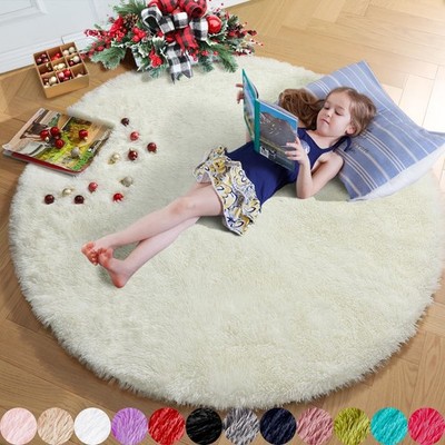 Amdrebio Ivory White Round Rug 4Ft for Kids Bedroom Aesthetic