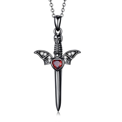 Sword Necklace 925 Sterling Silver Bat Dagger Pendant Necklace Gothic Jewelry...