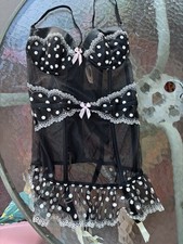 Victoria's Secret Bustier Corset Black with Ivory Polka Dots and Garters Sz 34C
