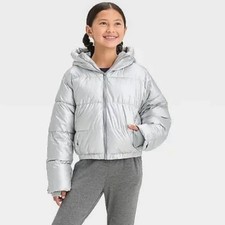 All in Motion Girls Metallic Silver Puffer Jacket Size XL 14