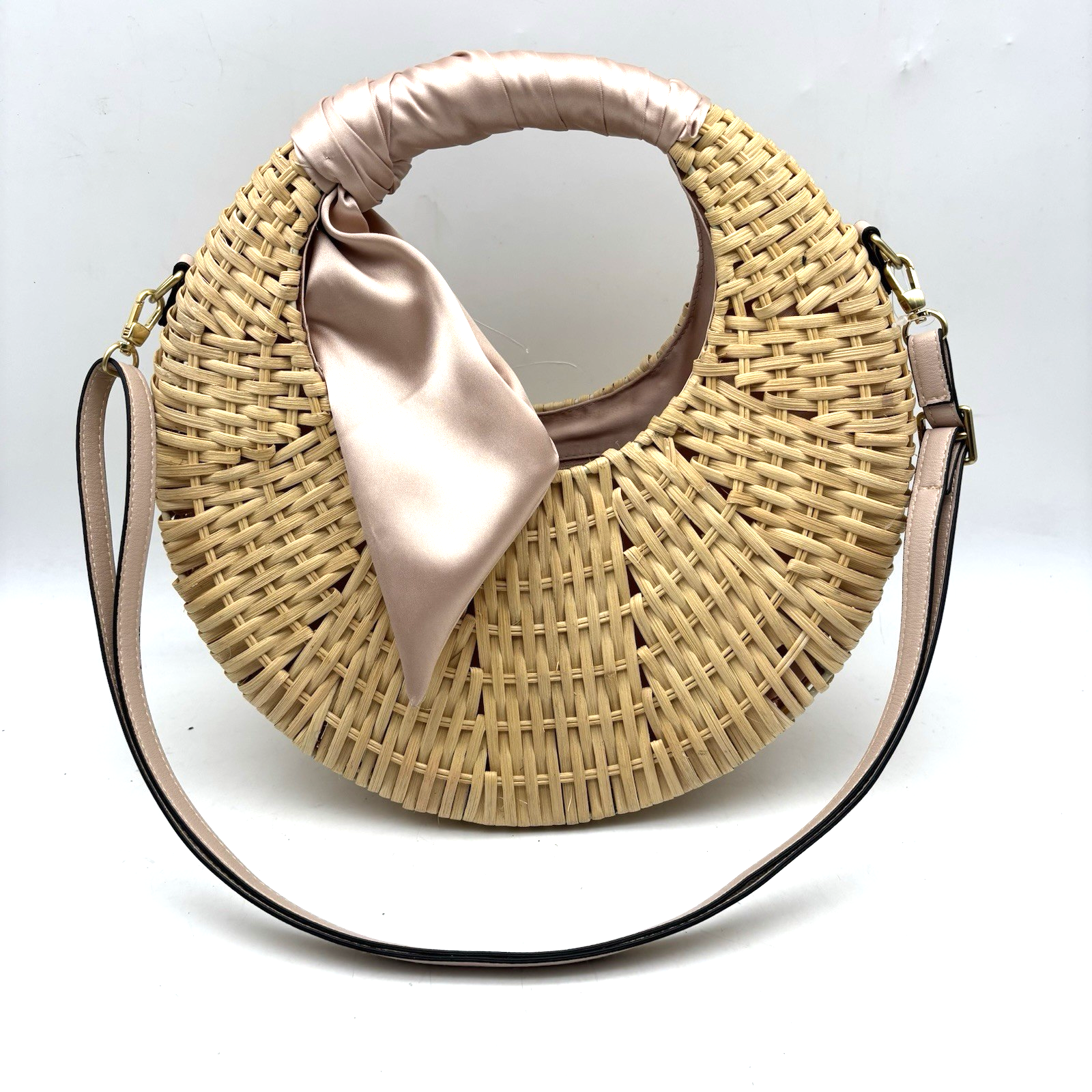 Vintage 00s Y2K SCOOP Beige Straw Pink Silk Wrap Round Crossbody Purse 12x6x6