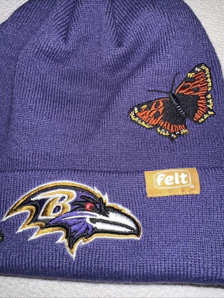 Baltimore Ravens Felt New Era Beanie Knit Pom Winter NFL TEAMS Hat Butterfly - Image 4 of 4