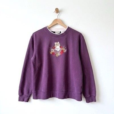 Classic Elements Purple Embroidered Cat Apple Sweatshirt Vintage 90s Medium