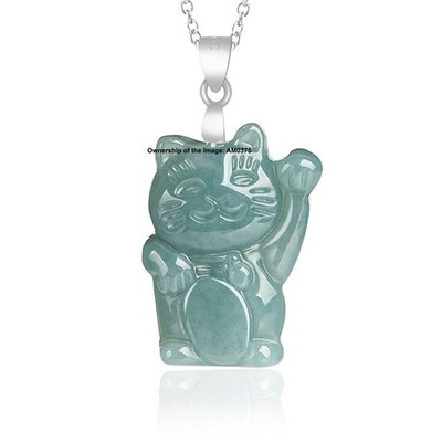 Natural Grade A Jade Jadeite Blue Rich-Cat Pendant 925 Silver Top Bail Pendant