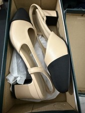 Women's Slingback Block Heel Pumps Beige/Black Cap Toe Buckle Faux Leather 8.5