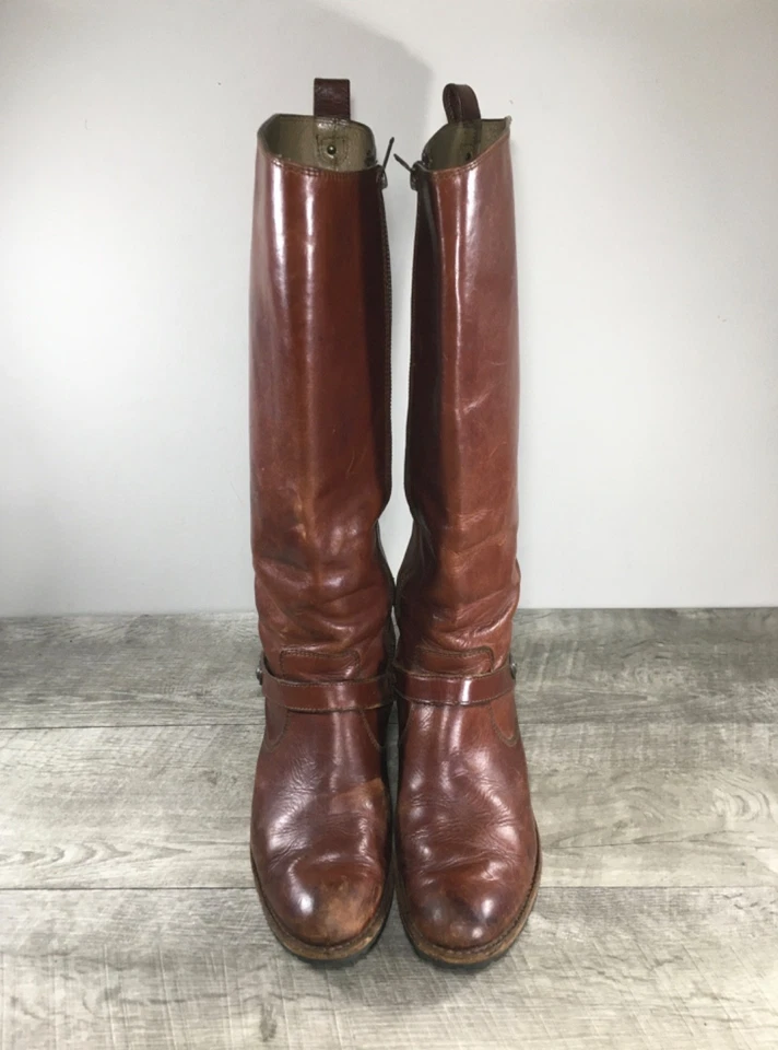 Women’s Frye #76570 Western Brown Leather Knee-High Riding Stacked Heel Boots 9 - Image 3 of 4