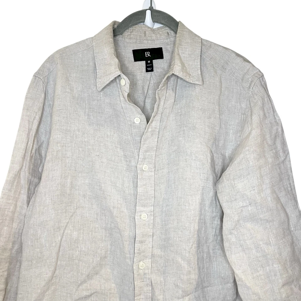 Banana Republic Shirt Mens M Khaki Beige Solid Slim Fit Linen Cotton Coastal - Image 4 of 4