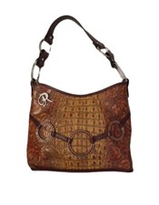 Raviani Croc Leather Tote Purse Bag Embellished Rhinestones Western Brown
