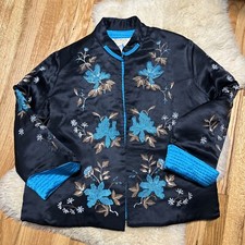 Vintage 100 Silk Norm Thompson Black Turquoise Embroidered Blazer Size Pet. Lg