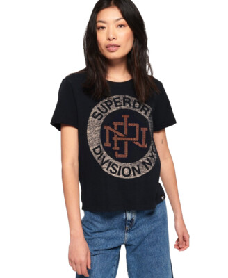 Superdry Women's Logo Reverse Stud Boxy Black Fashion Slim Fit T-Shirt
